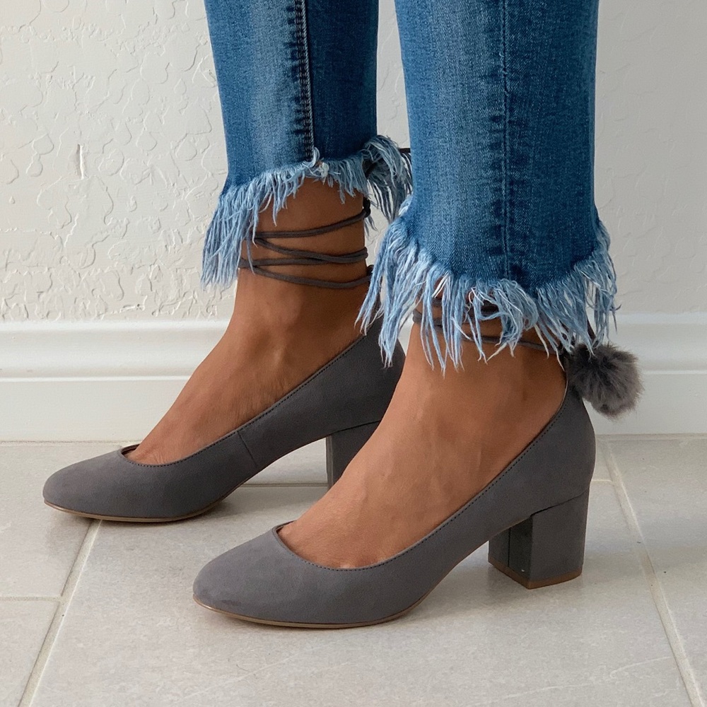 Ash Grey Chic Pom Pom Mary Jane Block Heel Pump - Picture 2 of 7